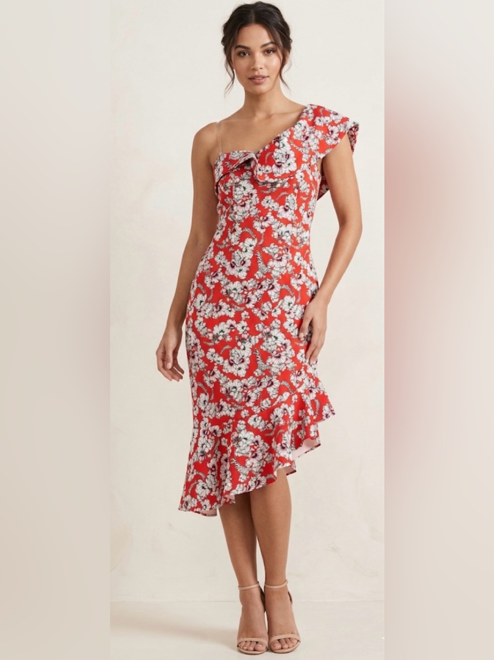 Alexia Admor Red One-Shoulder Floral Ruffle Midi Dress 14